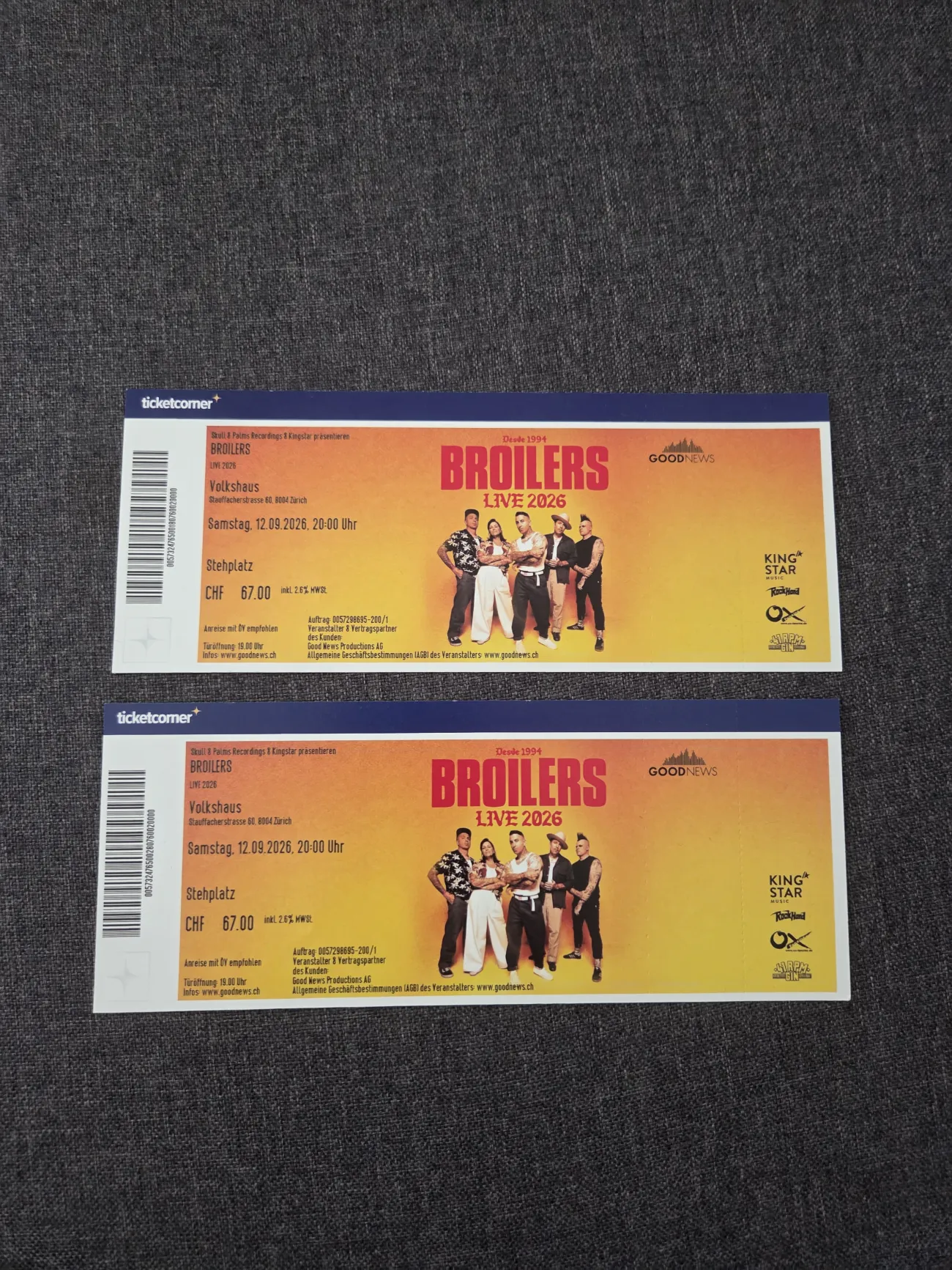 2 Tickets fürs AUSVERKAUFTE Broilers Konzert am Samstag, 12.9.2026 im Volkshaus