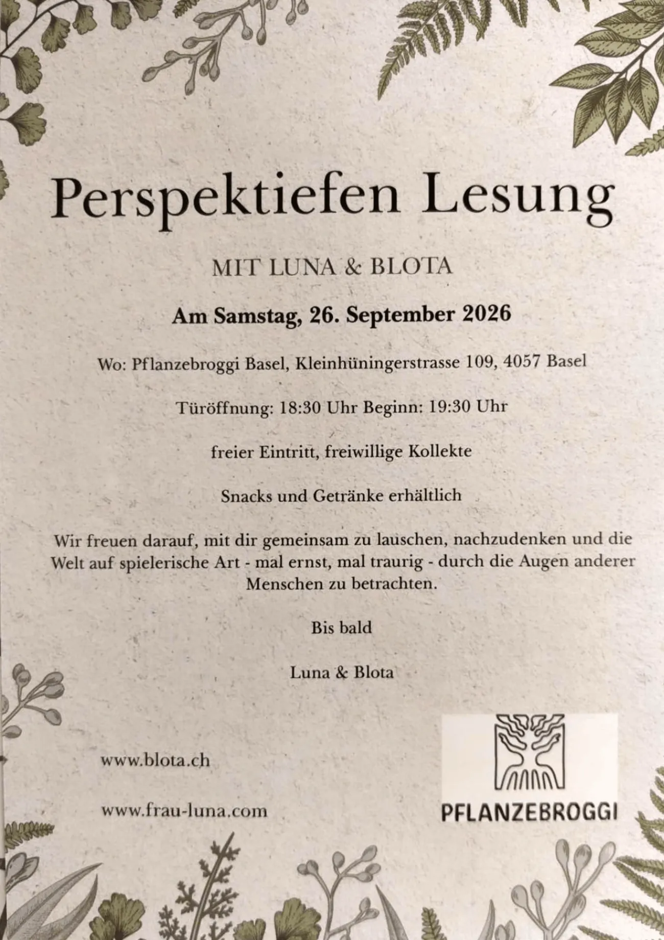 Eine Lesung mit verschiedenen Perspektiven: 26.09.2026 in der Pflanzenbroggi
